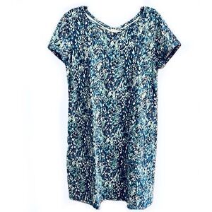 Talbots Blue & Green Shift Cotton Dress, keyhole in back, pockets size Med NWOT